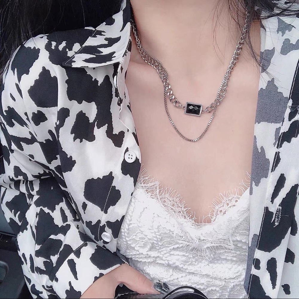 💎Black Rectangle Stone Titanium Steel Necklace Chain Double layer thick silver